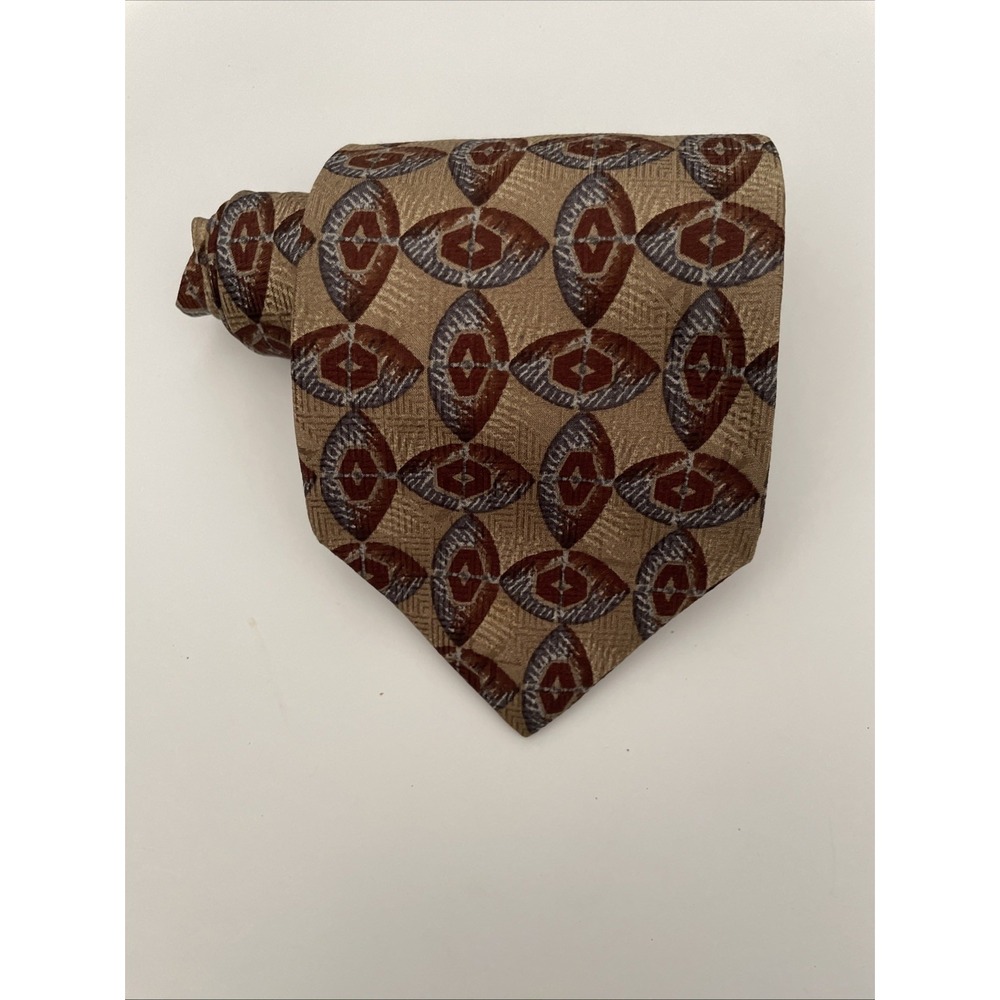 Calvin Klein Mens Silk Tie Tan Rust Grey Geometric Medallion Made in USA 4 Inch